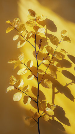 A plant with vibrant green leaves stands out against a bright yellow background, creating a striking contrast.の素材