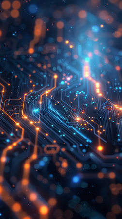 Detailed view of a circuit board with numerous illuminated lights, showing intricate electronic components.の素材