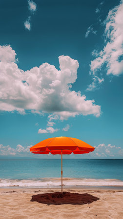 An orange umbrella stands out against the sandy beach, providing shade under the bright sun.の素材