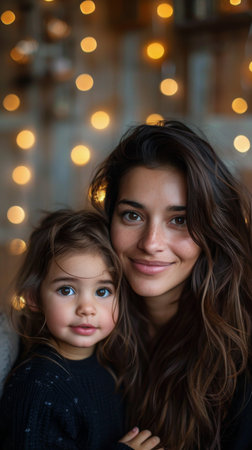 Two young women of Caucasian descent are standing side by side, both with long brown hair, wearing casual clothing and smiling at the camera.の素材