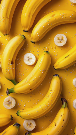 Several ripe bananas are placed on top of a bright yellow table.の素材
