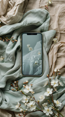 A cell phone placed on top of a bed covered with a cozy blanket.の素材