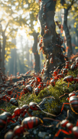 A dense forest teeming with numerous red bugs crawling on leaves, branches, and the forest floor.の素材