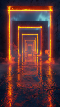A tunnel brightly illuminated by neon lights running along its center.の素材