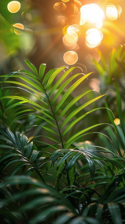Close up of a plant with the sun shining in the background, highlighting the intricate details of the leaves and stem.の素材