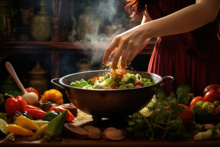 woman pouring spices in a wok with lots of vegetables and vegetables.の素材