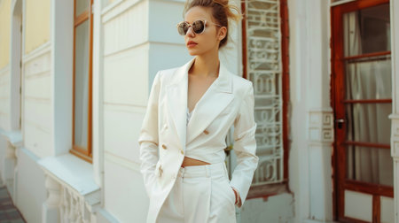 A woman exuding sophistication in a white suit and sunglasses, showcasing a chic and contemporary fashion style.の素材