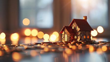 house on stack of coins and shiny light for realty.の素材