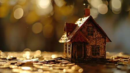house on stack of coins and shiny light for realty.の素材