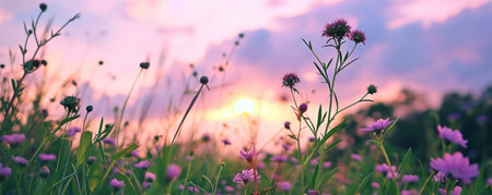green grass with flowers and lots of pink and purple clouds.の素材