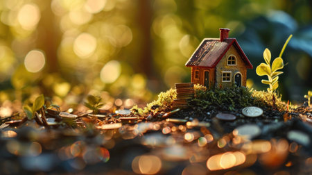 coins stack on the ground with a house on top of them.の素材