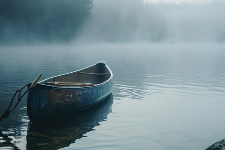canoe in the water in nature with fog.の素材