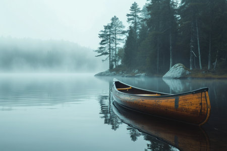 canoe in the water in nature with fog.の素材