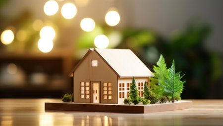 a wooden house model on a wooden table with greenery.の素材