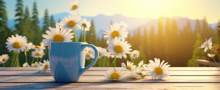 a blue cup with daisies on a wooden table.の素材