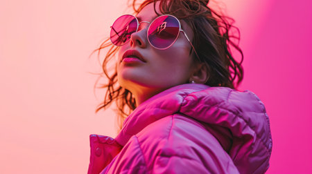 woman in a pink jacket and sunglasses and pink background.の素材