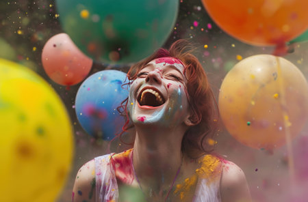 woman laughing with colorful balloons in the air,.の素材
