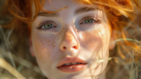 An up-close view of a woman with freckles in her hair.の素材