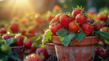 A collection of small pots arranged neatly, each filled with luscious ripe strawberries, showcasing a bountiful harvest.の素材