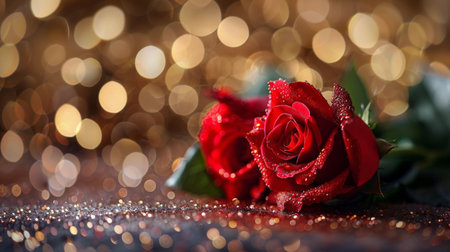 A vibrant bouquet of red roses elegantly displayed on a wooden table.の素材