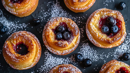 Various pastries arranged neatly on a wooden table.の素材