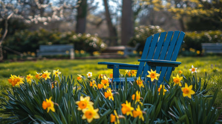 A blue chair stands out against a sea of yellow flowers in a vibrant field.の素材