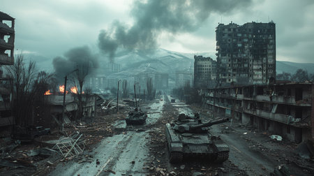 A city lays in ruins with military tanks positioned in the foreground, showcasing destruction and warfare.の素材