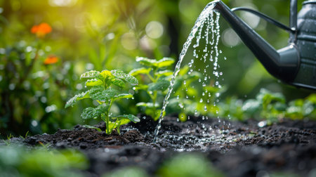 A watering hose is seen in the image, spraying water onto a green plant in a garden.の素材