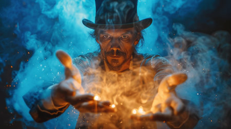 A man wearing a hat stands amidst billowing smoke.の素材