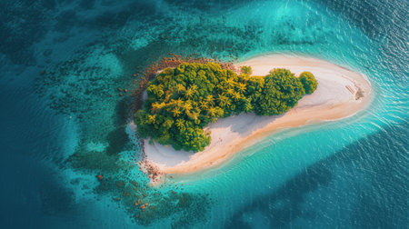 An uninhabited island surrounded by vast ocean waters, showcasing a small landmass against a backdrop of endless blue.の素材