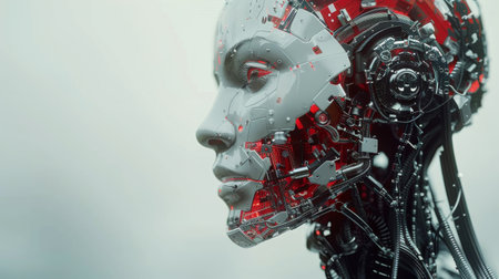 A robot head with a bright red light emanating from within its structure.の素材