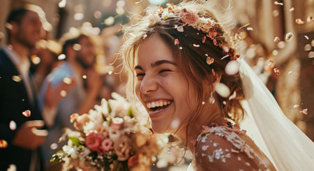 the bride and groom are smiling while getting confetti thrown at them.の素材