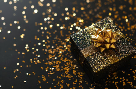 gift box on black background with gold confetti and confetti in the background.の素材