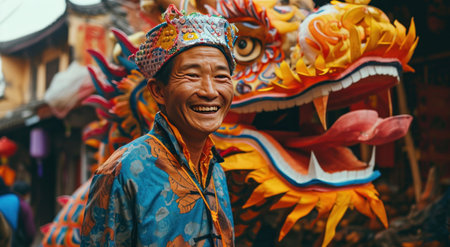 man smiling with a huge dragon decoration.の素材