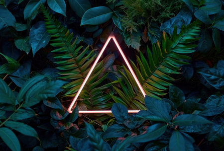 neon triangle surrounded by tropical plants.の素材