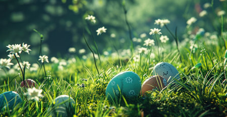 colorful eggs nestled in a grassy garden.の素材