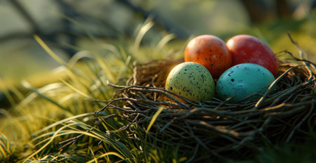 colorful eggs in a nest in a garden.の素材