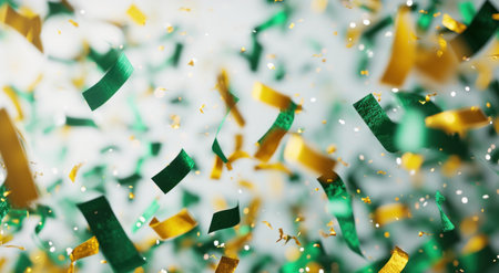 celebration frame in white background with green, yellow and green confetti.の素材