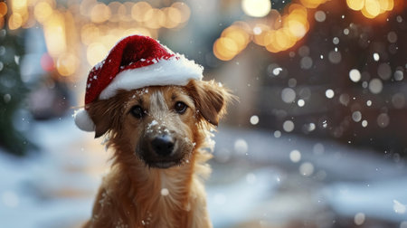 Charming puppy in a Christmas hat, shallow depth of field.の素材
