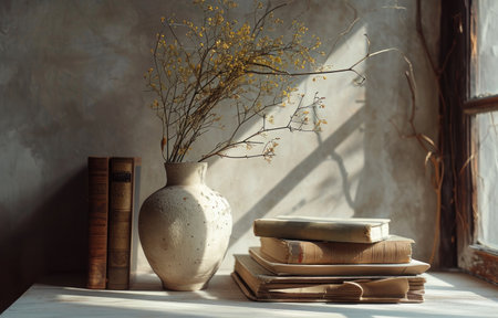 an empty vase and books on a table.の素材