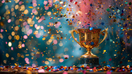 A golden trophy placed on a table covered in confetti, symbolizing celebration and victory.の素材