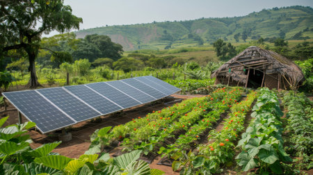 Two parallel rows of solar panels in a vast field under a clear sky.の素材