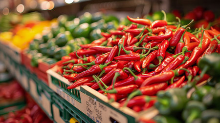 A pile of red peppers resting on top of a stack of green peppers, creating a vibrant display of fresh produce.の素材