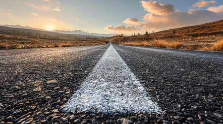 A white arrow painted on a deserted road in the middle of nowhere, indicating direction with no surrounding vehicles or people.の素材