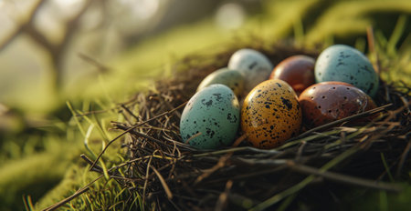 colorful eggs in a nest in a garden.の素材
