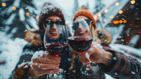 Two individuals in winter attire holding up wine glasses and clinking them together in a snow-covered setting.の素材