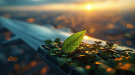 A can of green tea is placed in the center, surrounded by vibrant green leaves in various shapes and sizes.の素材