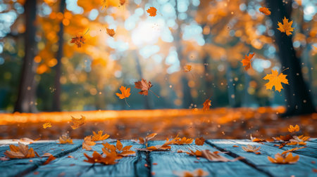 A wooden table completely covered with an array of different leaves in various shapes and colors.の素材