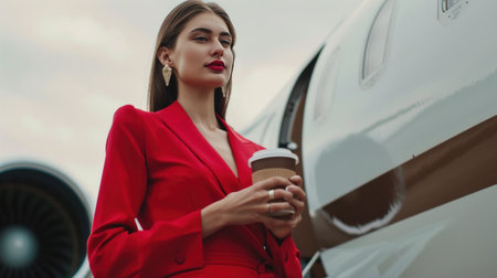 portrait of business girl in red dress drings coffee near the plane.の素材