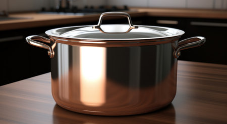 stainless steel pot and lid on a wooden surface.の素材